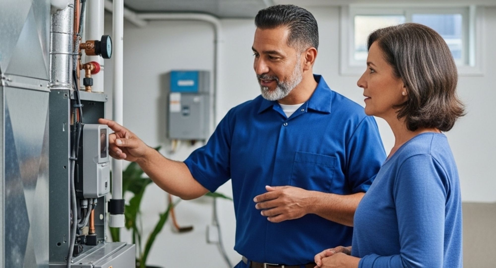 hvac technician communicating about unit with client