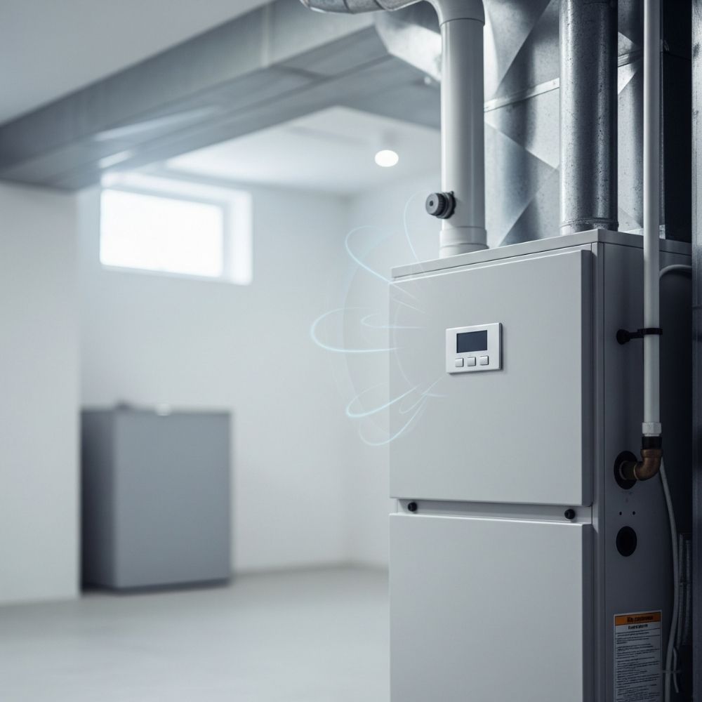 modern, clean residential furnace unit in a basement
