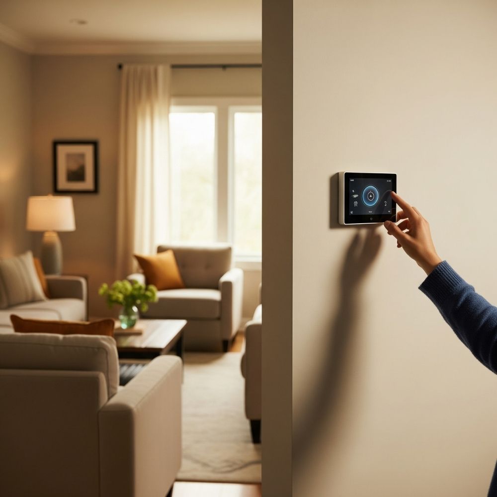 person's hand adjusting a modern wall-mounted smart thermostat