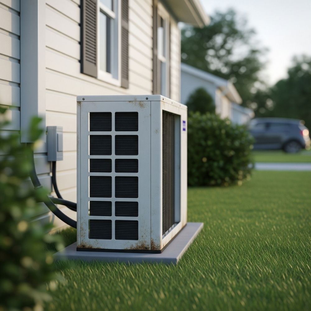 older, weathered outdoor air conditioning unit