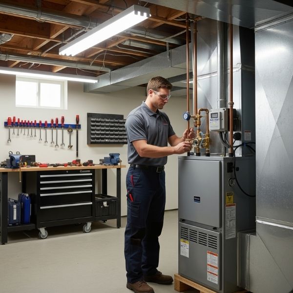 uniformed technician carefully installs a modern, high-efficiency gas furnace