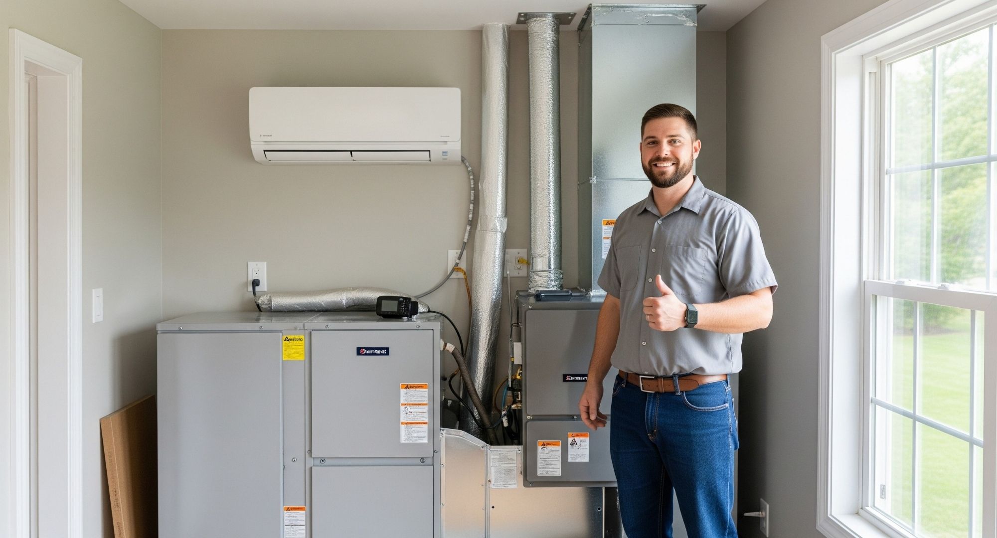 technician giving a thumbs-up next to a newly installed high-efficiency HVAC system