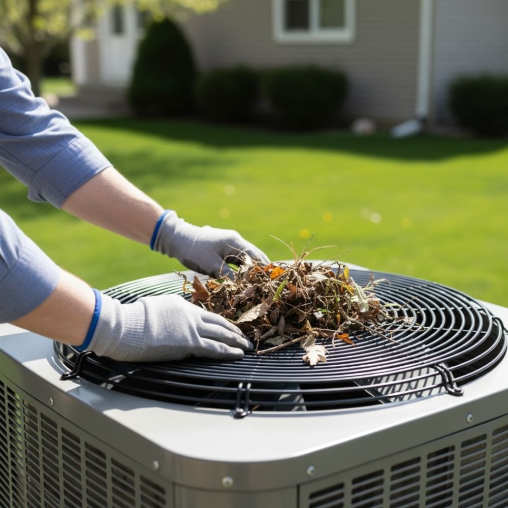 clearing leaves and debris away from an outdoor HVAC unit