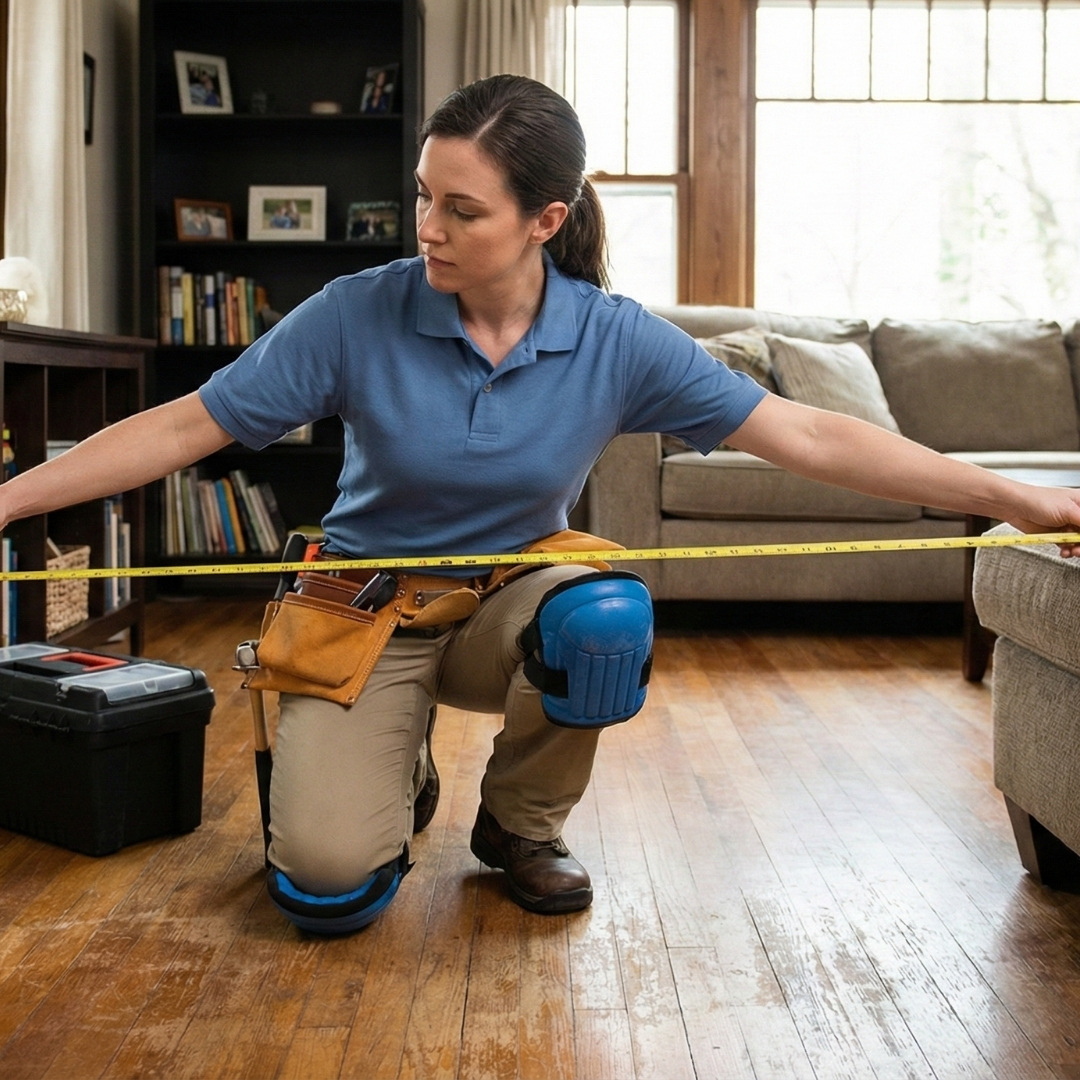 Technician measuring a living room space