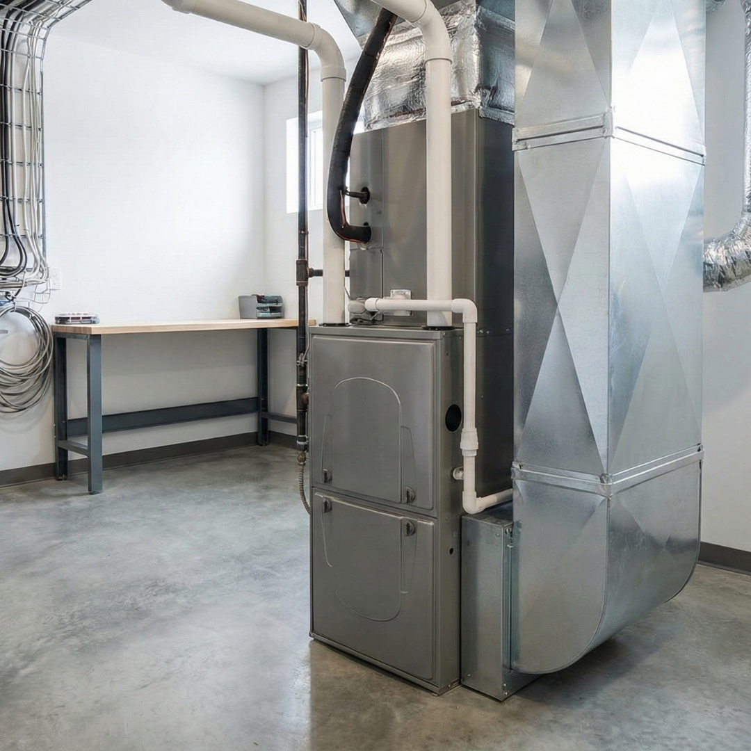 gas furnace in a clean, organized utility room
