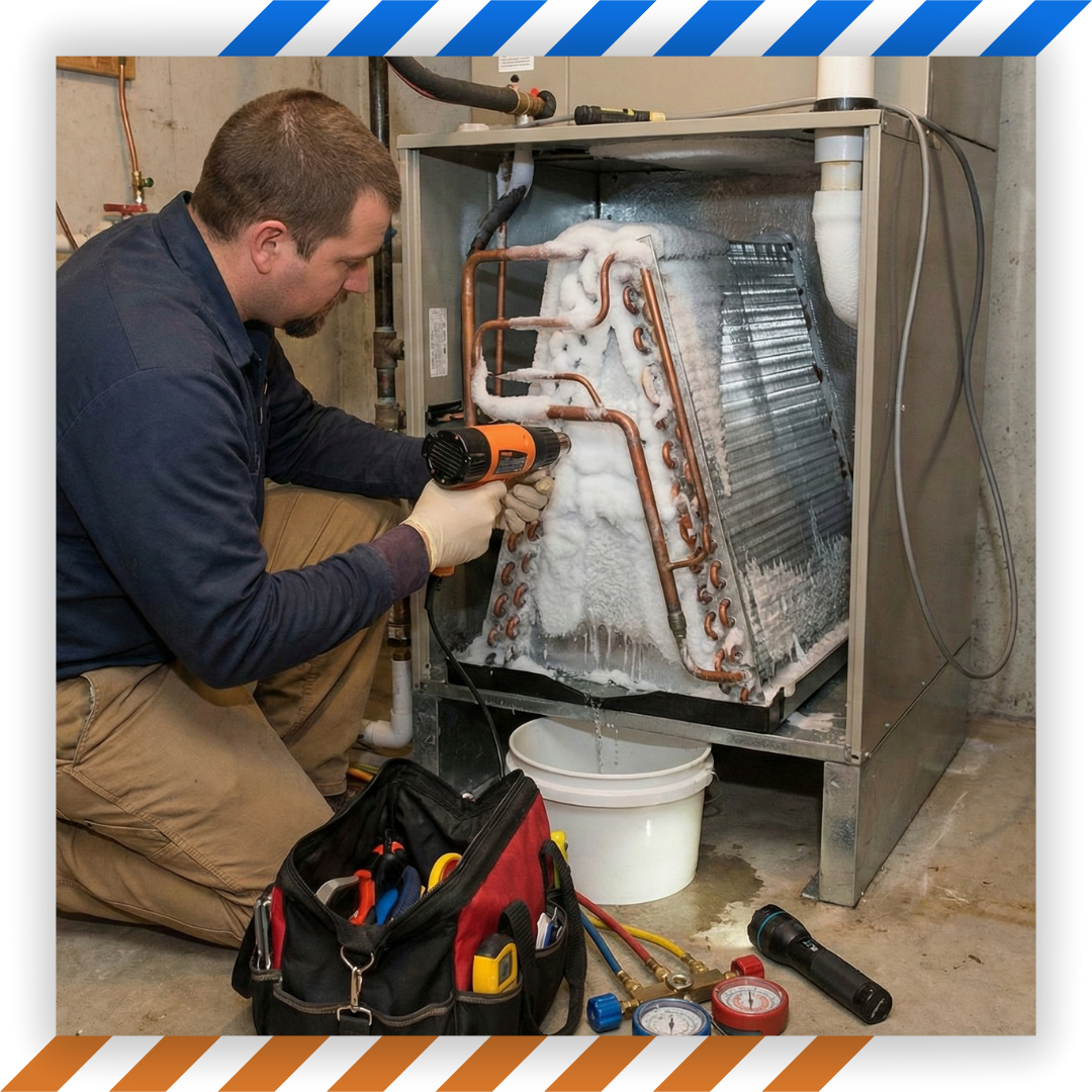 an HVAC technician repairing a frozen coil