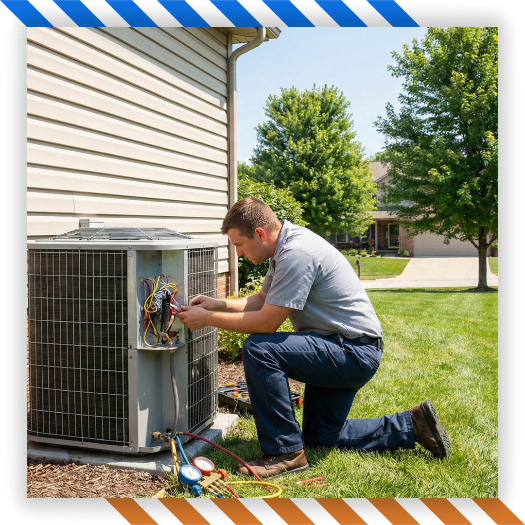 HVAC technician servicing an outdoor air conditioning unit