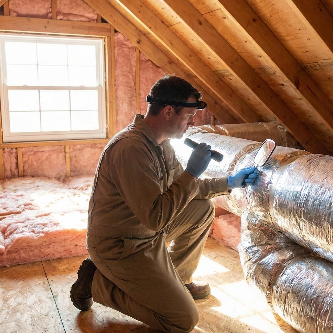 technician inspecting insulated metal ductwork