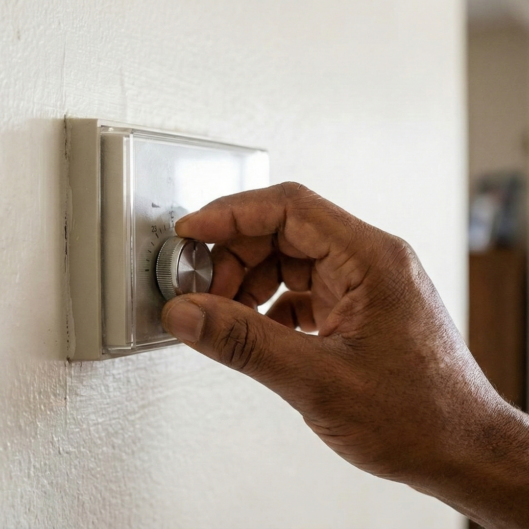 A person's hand adjusting a thermostat