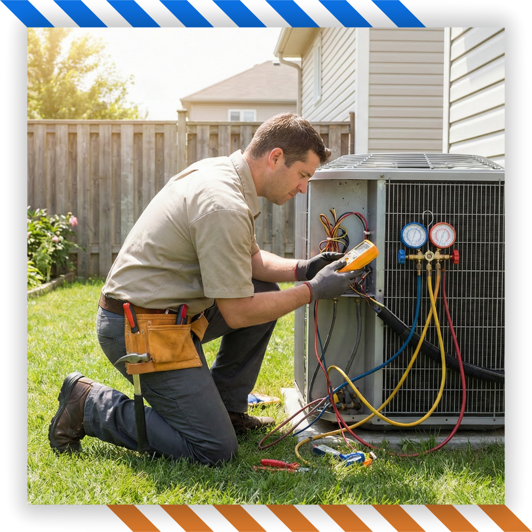 Technician kneeling beside an outdoor AC condenser
