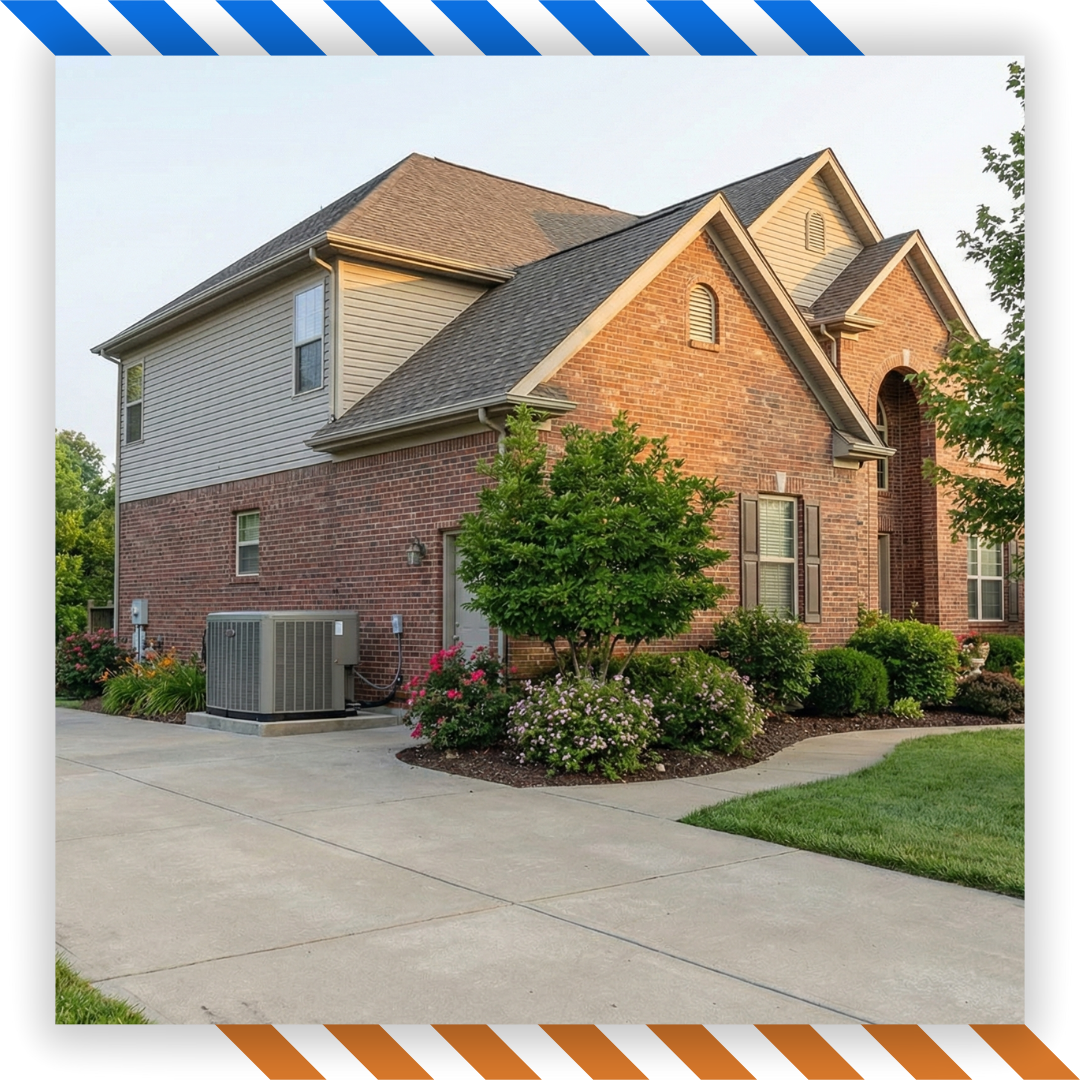 Brick home with an outdoor heat pump