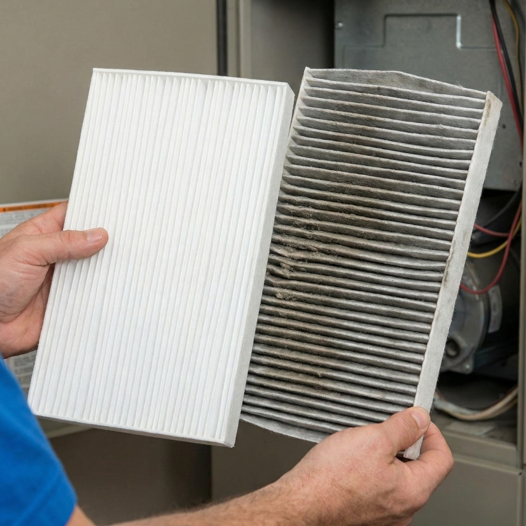 hands holding a new, clean white HVAC air filter next to an old, dirty gray one.