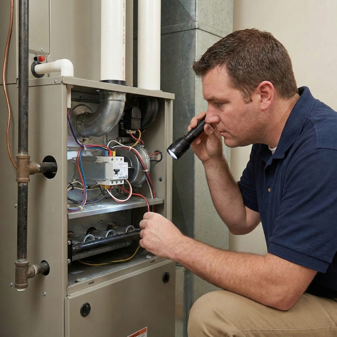 technician inspecting internal components of a furnace