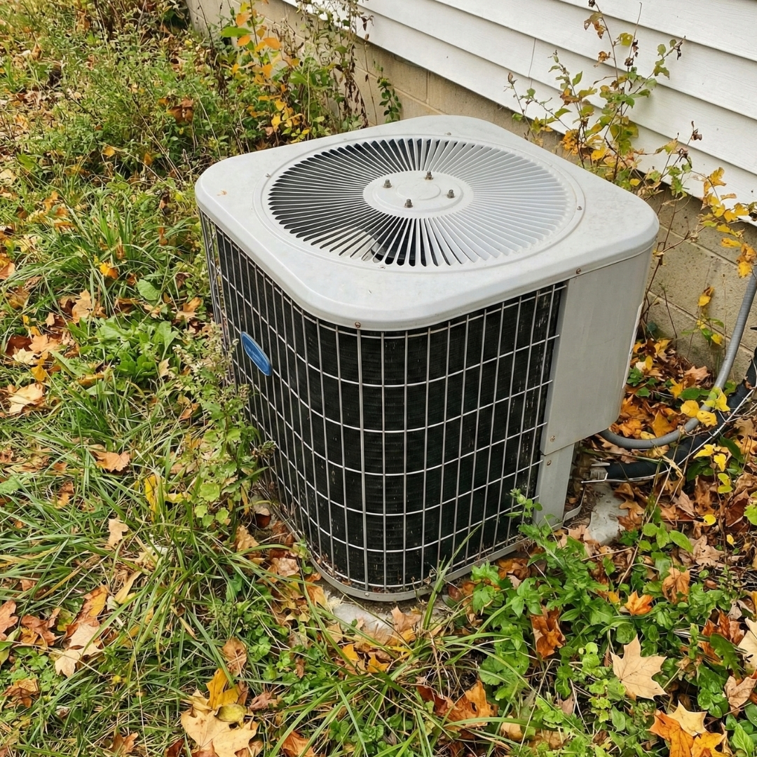 air conditioning condenser unit surrounded by overgrown grass