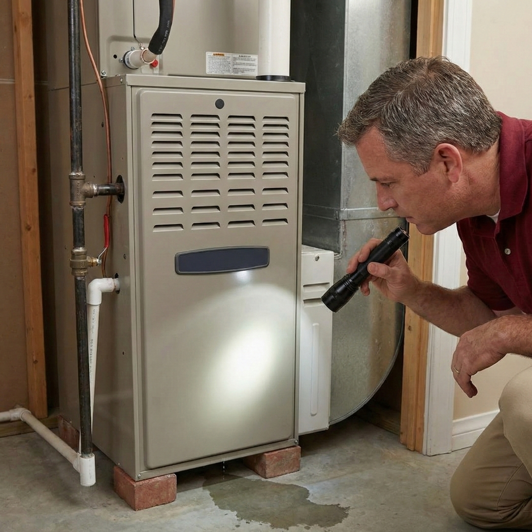 homeowner with a flashlight inspecting a small water leak