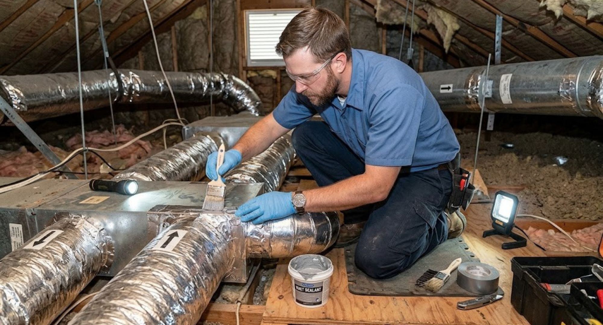 hvac tech working on air duct