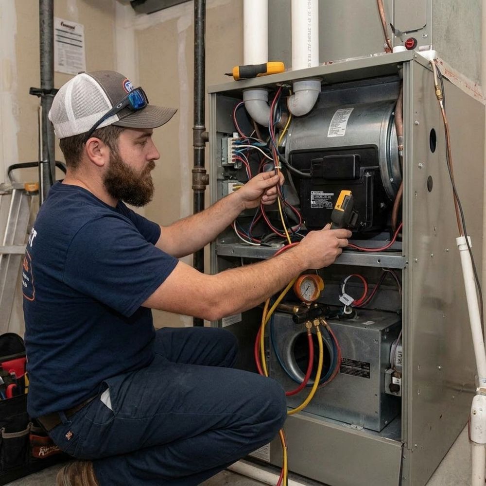 A close-up of an HVAC technician’s hands using a wrench to adjust a valve on a legacy furnace system.