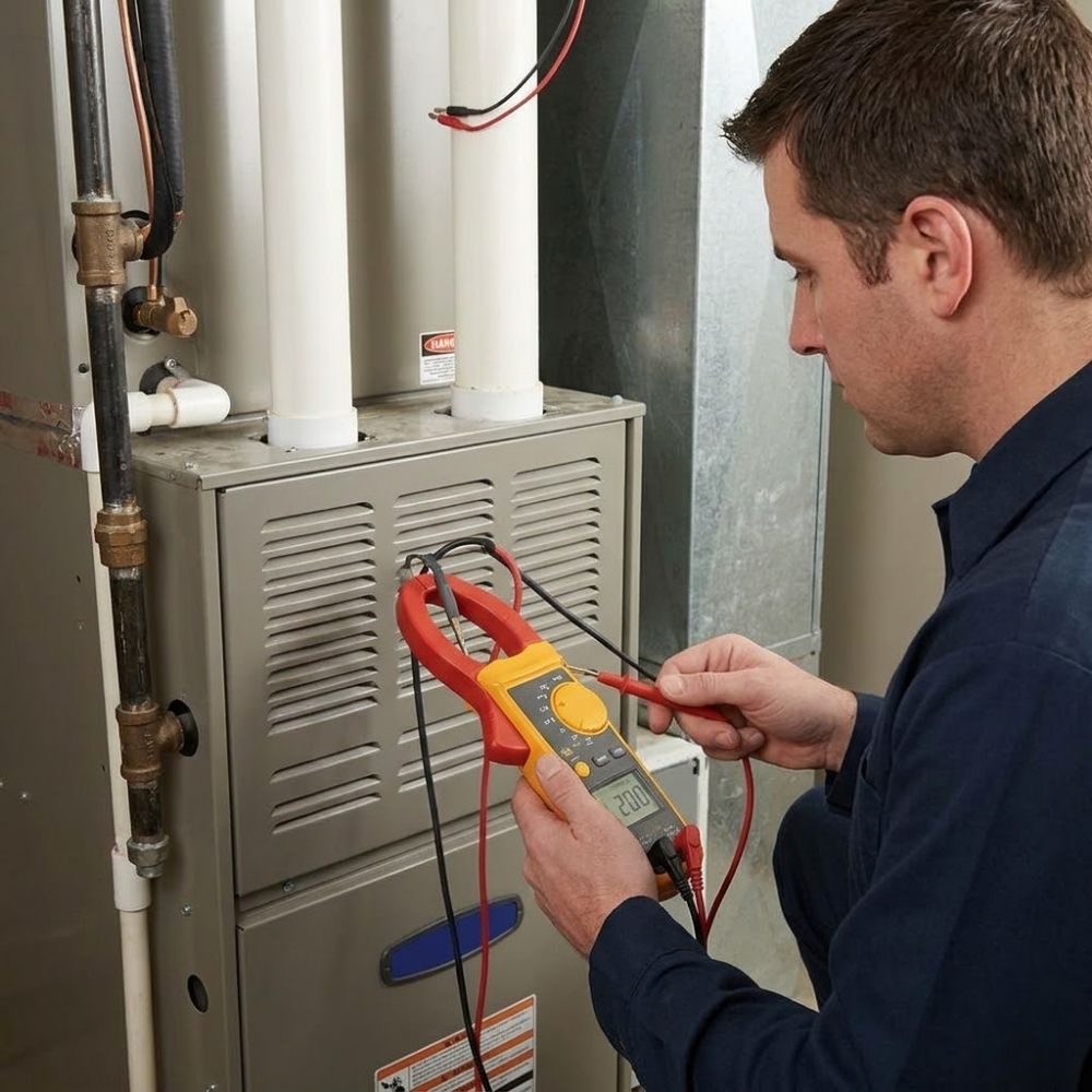 A professional HVAC technician uses a digital diagnostic tool to analyze the performance of a modern indoor furnace.