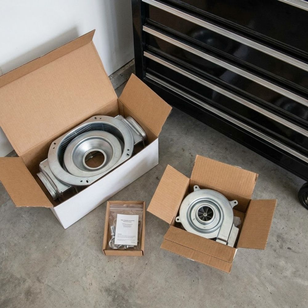 A collection of high-quality, new HVAC replacement parts, including a fan motor and run capacitor, are organized neatly next to a professional waterproof toolbox.
