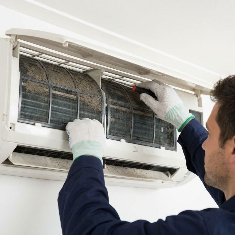 An HVAC technician uses a soft brush and a vacuum to carefully remove dust and debris from the internal components of an older residential furnace.