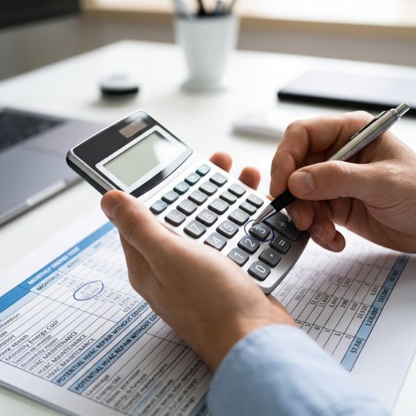 Close-up of hands calculating home utility costs and highlighting potential savings with a Survant HVAC extended warranty.