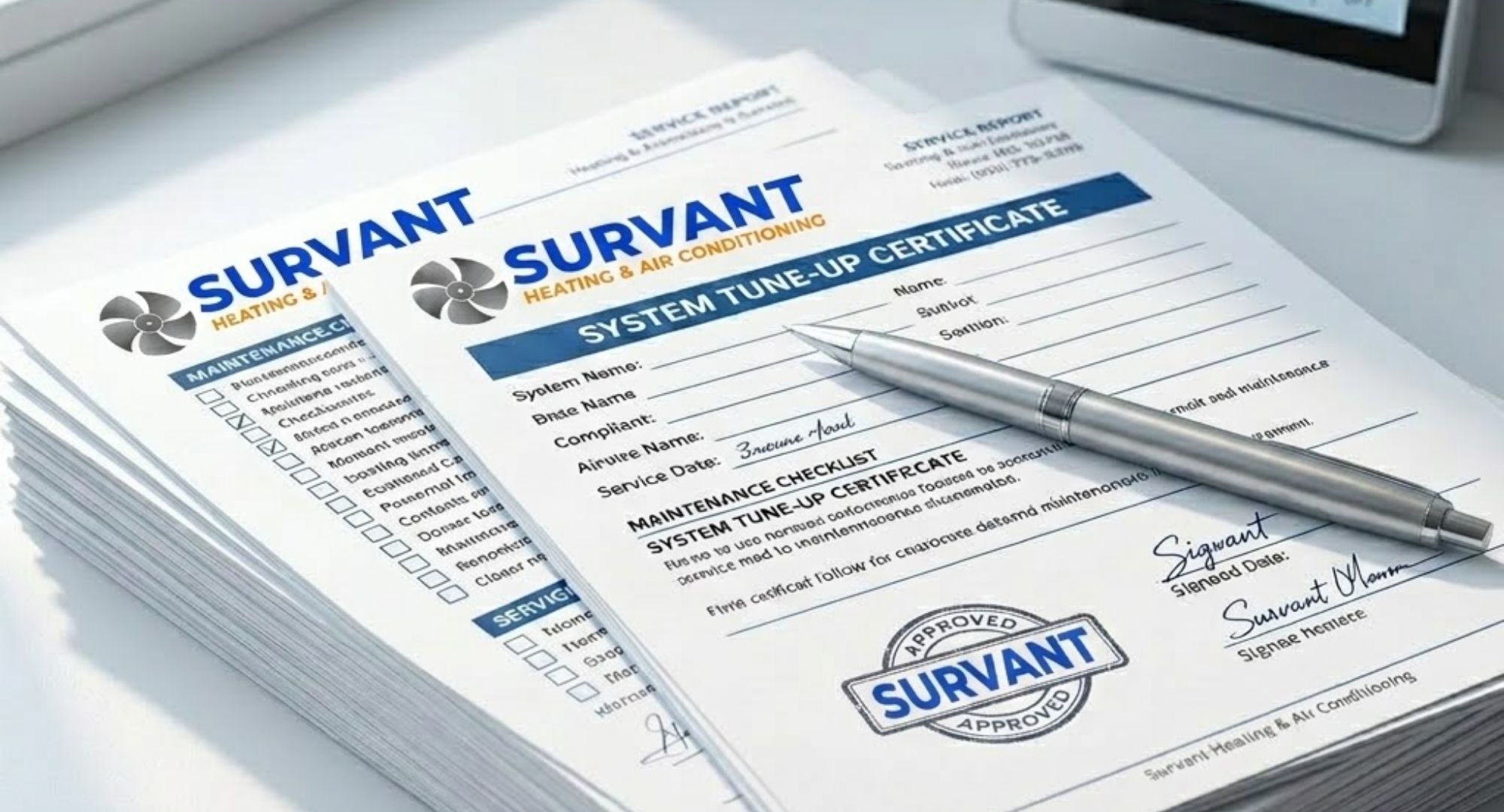 A stack of approved HVAC maintenance records and a tune-up certificate, essential for maintaining extended warranty validity with Survant Heating & Air.