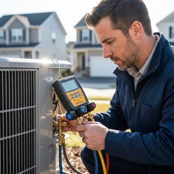 A focused Survant Heating & Air technician uses digital gauges to quickly diagnose an AC unit, providing priority service for a warranty customer.