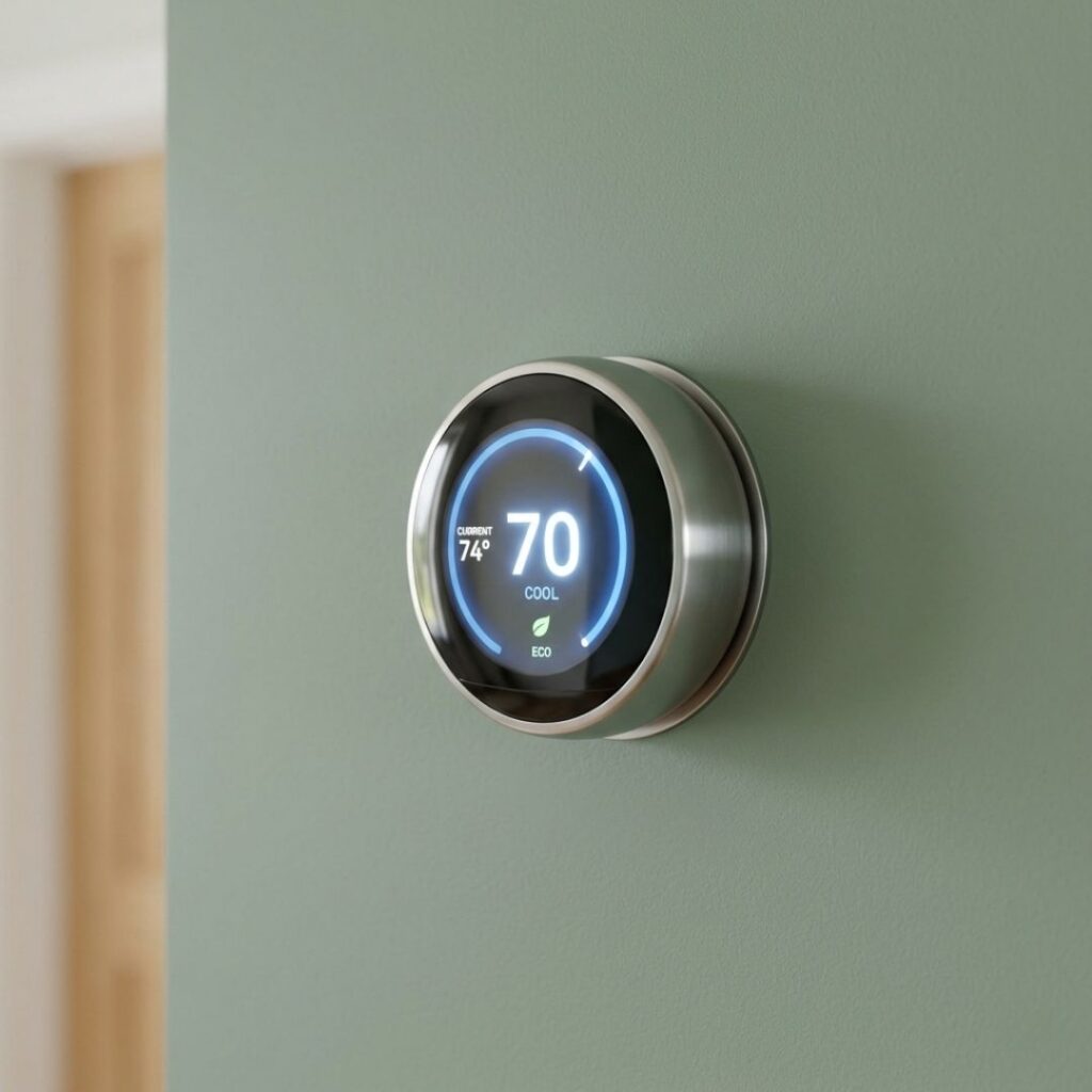 A modern smart thermostat on a wall set to a cool temperature.