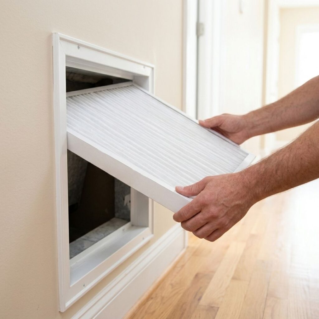 A brand-new HVAC air filter being installed into a home vent.