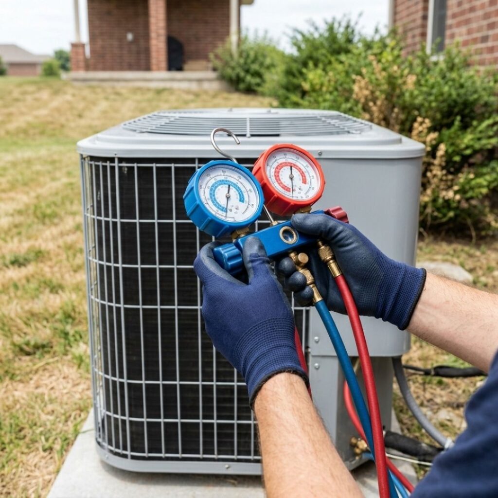 Professional HVAC tools being used to check AC system pressure.