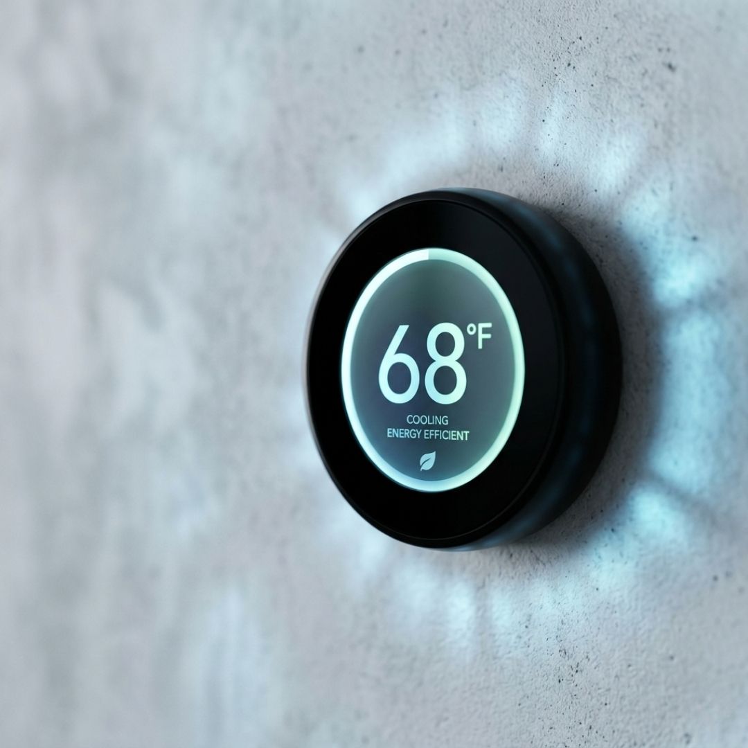 Modern digital thermostat displaying efficient cooling.
