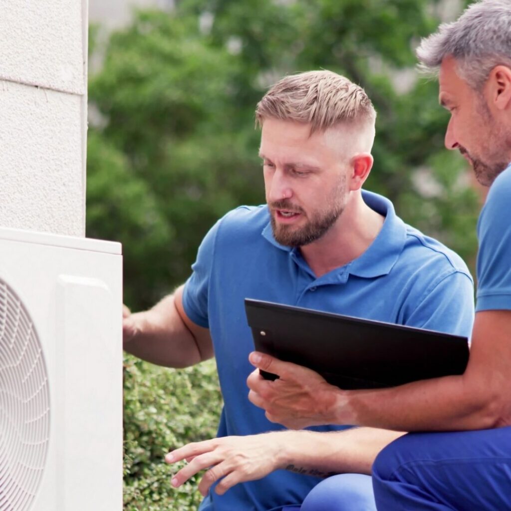 Two HVAC technicians inspect an outdoor air conditioner unit while reviewing diagnostic notes on a clipboard.